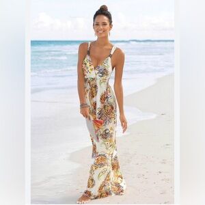Lascana Maxi Dress Floral & White, Stretchy Shirred Waist, V Neckline MEDIUM